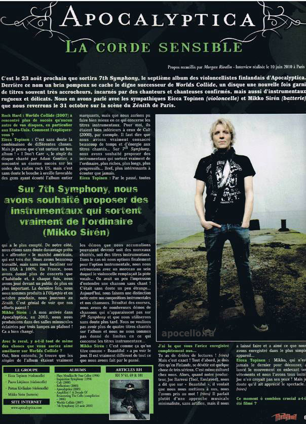 Translation of the Interview with Apocalyptica Mikko Siren and Eicca  Toppinen for the French magazine Rock Hard 2010